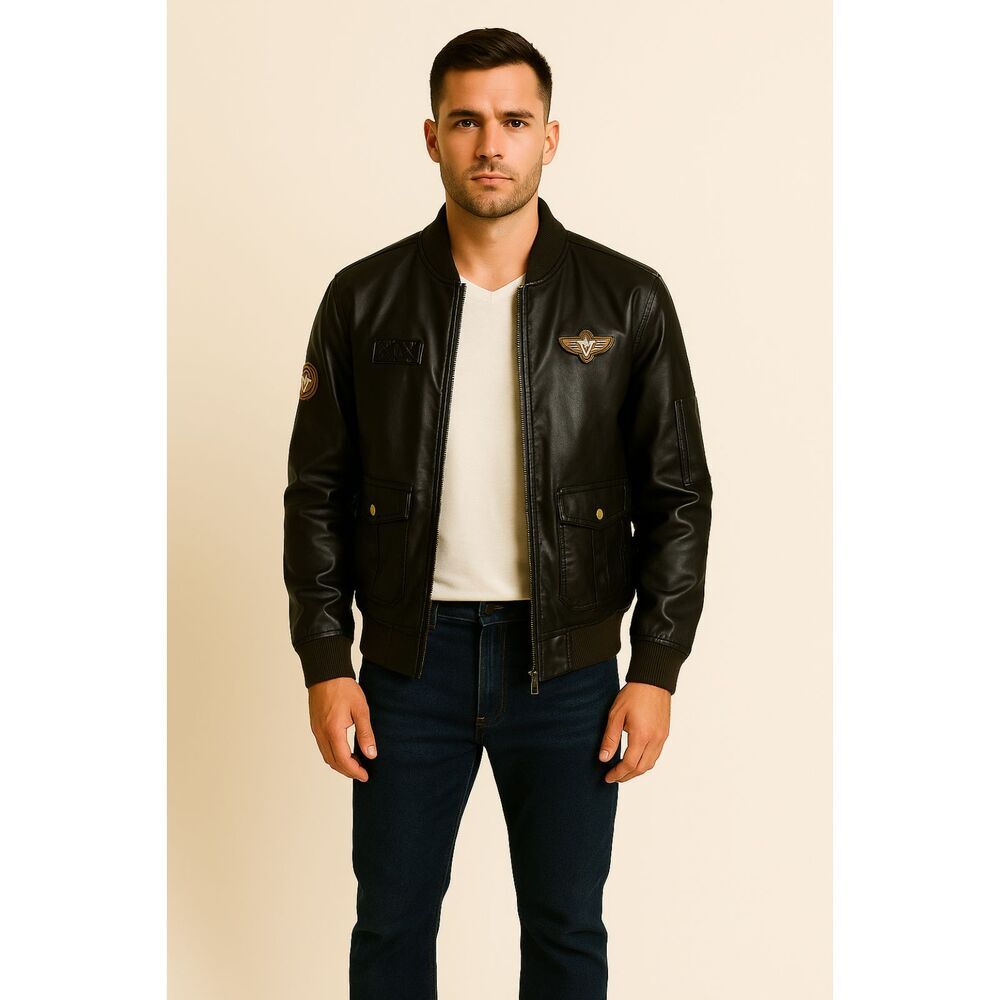 WenVen | Black Faux Leather Military Patch Bomber Jacket Size S | NWT